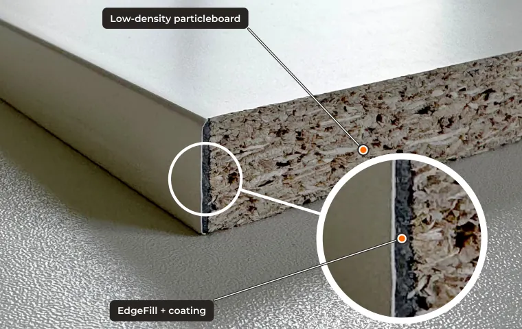 Particleboard cross-section with the sawn edge filled by EdgeFill and coated